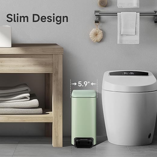 TIPGO Slim Bathroom Trash Can with Lid Soft Close, 6 Liter / 1.6 Gallon Stainless Steel Garbage Can with Removable Inner Bucket, Step Pedal, Small Trash Cans for Bedroom, Office, Kitchen (Green) - Image 2