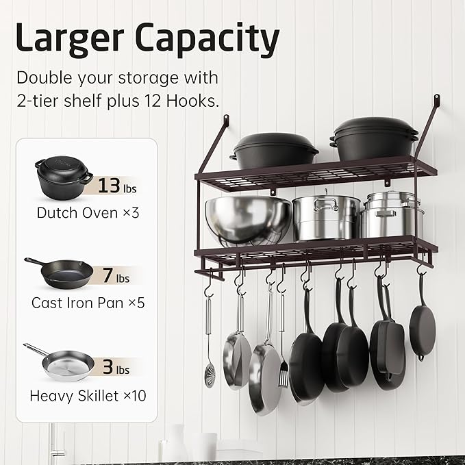 KES 30-Inch Oiled Bronze Pot Rack Wall Mounted, 2-Tier Hanging Pot and Pan Organizer with 12 Sturdy Hooks, Kitchen Wall Hanger Shelves Farmhouse Style, KUR215S75B-OB - Image 3