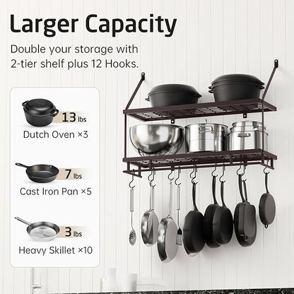 KES 30-Inch Oiled Bronze Pot Rack Wall Mounted, 2-Tier Hanging Pot and Pan Organizer with 12 Sturdy Hooks, Kitchen Wall Hanger Shelves Farmhouse Style, KUR215S75B-OB - Image 3