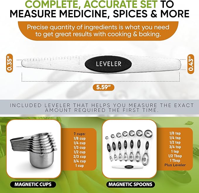 Spring Chef Magnetic Measuring Cups & Spoons Set, Patented, Strong N45 Magnets, Heavy Duty Stainless Steel Fits in Spice Jars for Baking & Cooking, BPA Free, Round Set of 15 with Leveler, Black - Image 6