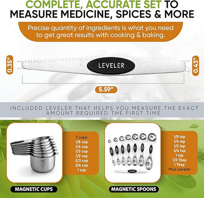 Spring Chef Magnetic Measuring Cups & Spoons Set, Patented, Strong N45 Magnets, Heavy Duty Stainless Steel Fits in Spice Jars for Baking & Cooking, BPA Free, Round Set of 15 with Leveler, Black - Image 6