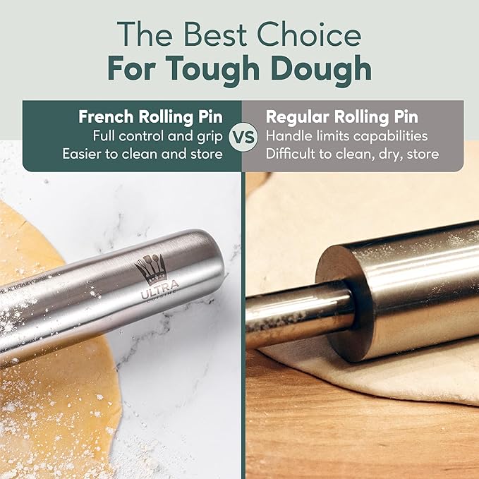 Ultra Cuisine French Rolling Pin for Baking – Use with Pizza, Cookie, and Pastry Dough, Fondant and Pie Crust – Tapered Design Bread Roller Pin, Stainless Steel 15.75-inch Large Roller Pin - Image 4
