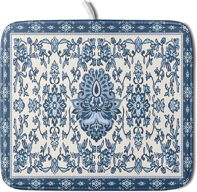 Blue Floral Dish Drying Mat for Kitchen Counter 16x18 Chinoiserie Flower Print Vintage Absorbent Reversible Microfiber Drying Mats Kitchen Countertop Protector Dishes Drainer Rack Pad by Aytipun