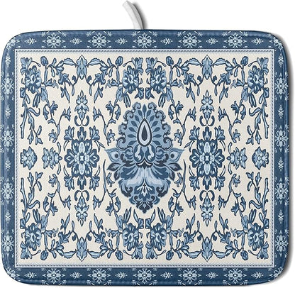 Blue Floral Dish Drying Mat for Kitchen Counter 16x18 Chinoiserie Flower Print Vintage Absorbent Reversible Microfiber Drying Mats Kitchen Countertop Protector Dishes Drainer Rack Pad by Aytipun