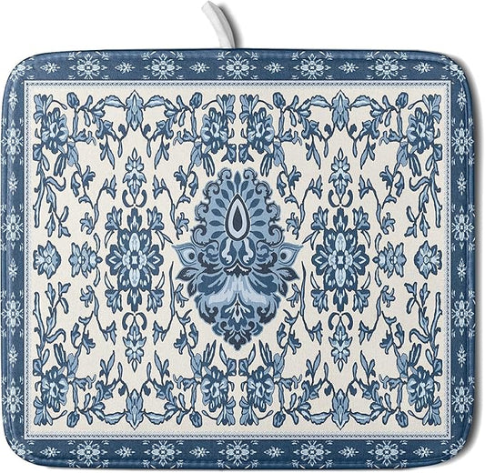 Blue Floral Dish Drying Mat for Kitchen Counter 16x18 Chinoiserie Flower Print Vintage Absorbent Reversible Microfiber Drying Mats Kitchen Countertop Protector Dishes Drainer Rack Pad by Aytipun