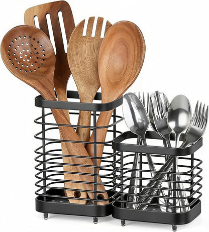 Utensil Holder, Stainless Steel Utensil Drying Rack for Kitchen Counter, Silverware Cutlery Flatware Holder Forks, Knives, Spoons, Chopsticks Organizer (Black) by IWNTWY