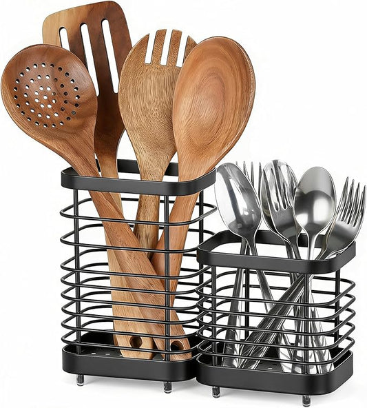 Utensil Holder, Stainless Steel Utensil Drying Rack for Kitchen Counter, Silverware Cutlery Flatware Holder Forks, Knives, Spoons, Chopsticks Organizer (Black) by IWNTWY
