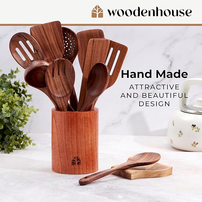 Wooden Spoons for Cooking – Wooden Cooking Utensils Set with Holder, Spoon Rest & Hooks, Teak Wood Nonstick Kitchen Cookware – Durable Set of 12pcs by Woodenhouse - Image 6
