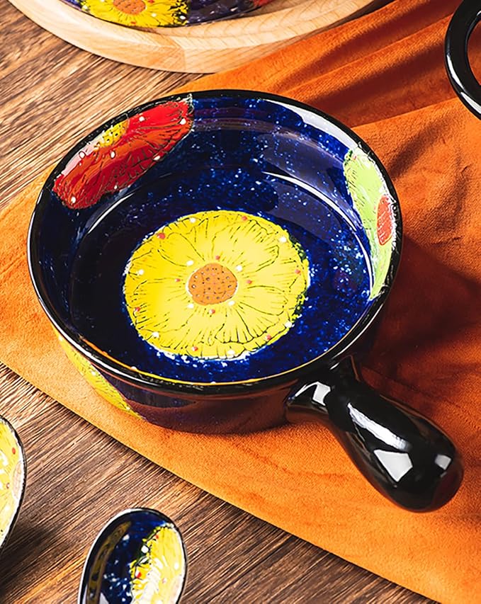 Vintage Style Pottery Bakeware Colorful Daisy Pattern Ceramic Casserole Dish Baking Pan Lasagna Pans Baking Dish with Handles from Oven to Table Plate-1 PCS, 20 OZ - Image 5