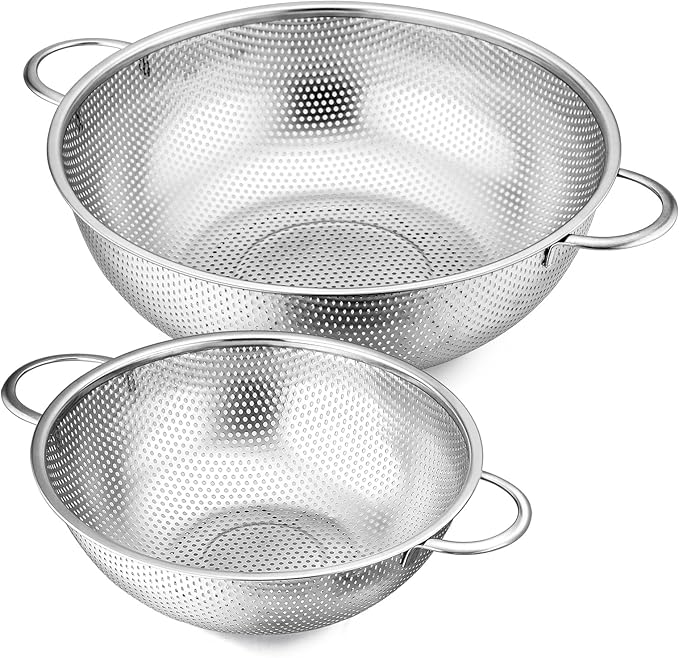 E-far 3QT & 5QT Colander Set of 2, Stainless Steel Micro-Perforated Colander Strainer with Handle for Kitchen/Draining Pasta/Rinsing Vegetables Fruits, Heavy Duty Metal & Dishwasher Safe by E-far