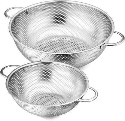 E-far 3QT & 5QT Colander Set of 2, Stainless Steel Micro-Perforated Colander Strainer with Handle for Kitchen/Draining Pasta/Rinsing Vegetables Fruits, Heavy Duty Metal & Dishwasher Safe by E-far