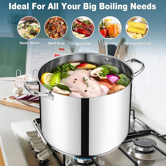 E-far 24-Quart Large Stock Pot, Stainless Steel Stockpot with Lid for Boiling Cooking Soup Stew Canning, Heavy Duty Tri-Ply Bottom Works w/Induction, Commercial Grade & Dishwasher Safe - Image 6