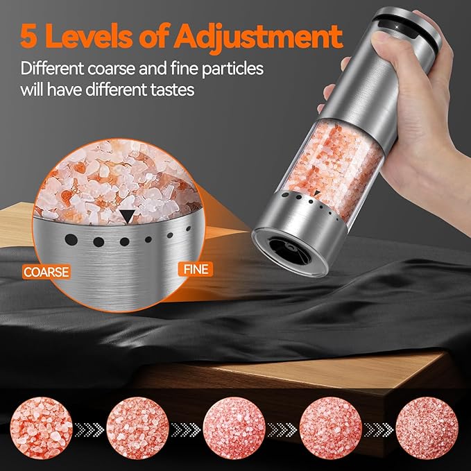 VOXON Update Electric Salt and Pepper Grinder Set Rechargeable Stainless Steel, LED Light, 100ML Capacity, 5 Levels Adjustable Coarseness, Automatic Salt and Pepper Grinder Set One Handed Operation
