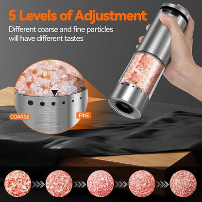 VOXON Update Electric Salt and Pepper Grinder Set Rechargeable Stainless Steel, LED Light, 100ML Capacity, 5 Levels Adjustable Coarseness, Automatic Salt and Pepper Grinder Set One Handed Operation