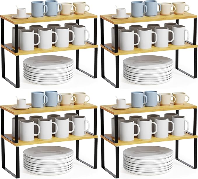 SpaceAid Cabinet Shelf Organizers 8 Pack, Kitchen Counter Rack Shelves Riser, Stackable Expandable Spice Rack, Pantry Cupboard Storage Organization (Black and Natural, Long) by SpaceAid