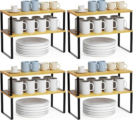 SpaceAid Cabinet Shelf Organizers 8 Pack, Kitchen Counter Rack Shelves Riser, Stackable Expandable Spice Rack, Pantry Cupboard Storage Organization (Black and Natural, Long) by SpaceAid