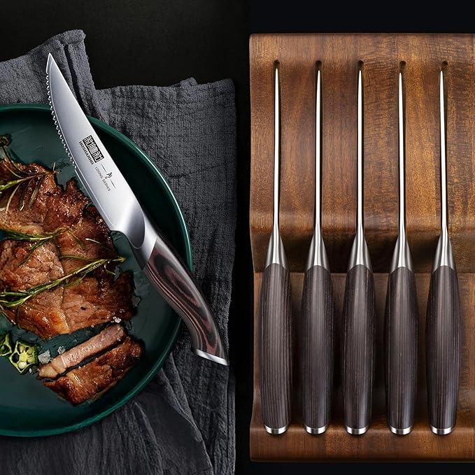 HOSHANHO Steak Knives Set of 6 with Block, 4.5 Inch Serrated Steak Knife Set, Japanese High Carbon Steel Kitchen Steak Knives with Ergonomic Handle