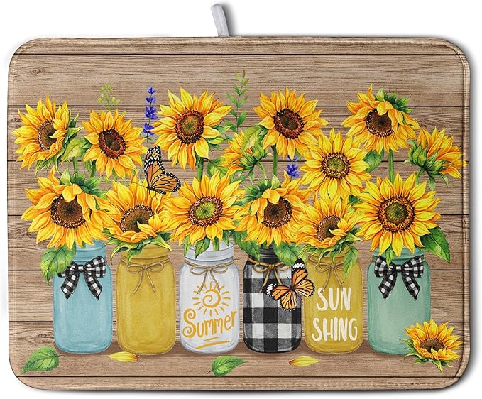 Sunflower Dish Drying Mat for Kitchen 18x24 Inch Counter Rustic Vintage Floral Vases Wood Grain Drying Mats Microfiber Absorbent Dishes Drying Pad Spring Summer Flowers Dish Drainer Rack Mat by Kwlegh