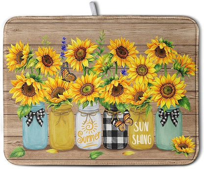 Sunflower Dish Drying Mat for Kitchen 18x24 Inch Counter Rustic Vintage Floral Vases Wood Grain Drying Mats Microfiber Absorbent Dishes Drying Pad Spring Summer Flowers Dish Drainer Rack Mat by Kwlegh