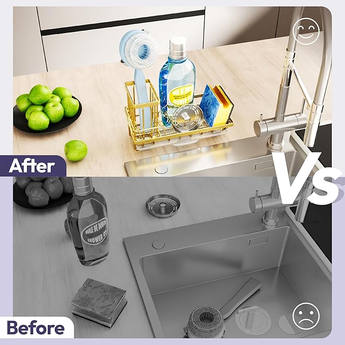 SWTYMIKI Sink Caddy Kitchen Sink Organizer with Detachable Brush Holder, Stainless Steel Sponge Holder with Removable Drip Tray Sponge Caddy for Kitchen Countertop, Gold - Image 6