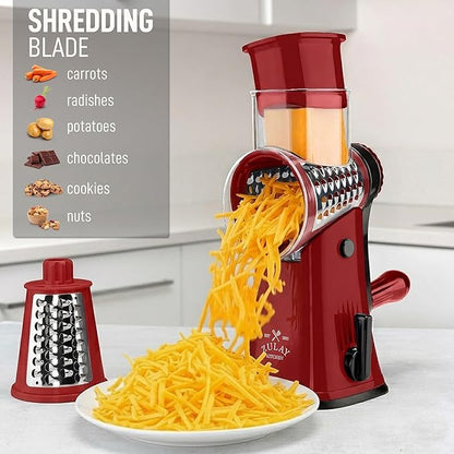 Zulay Kitchen Rotary Cheese Grater 5 Blade Cheese Shredder - Manual Hand Crank Cheese Grater With Reinforced Suction & 5 Interchangeable Drums - Easy to Use, Vegetable Chopper Round Mandoline Slicer - Image 3