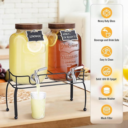 mustry Glass Drink Dispenser for Parties, 1 Gallon Beverage Dispenser with Stand and Spigot Solid Stainless Steel, Used as Lemonade Dispenser Sun Tea Jar Kombucha Jar, Set of 2 - Image 3