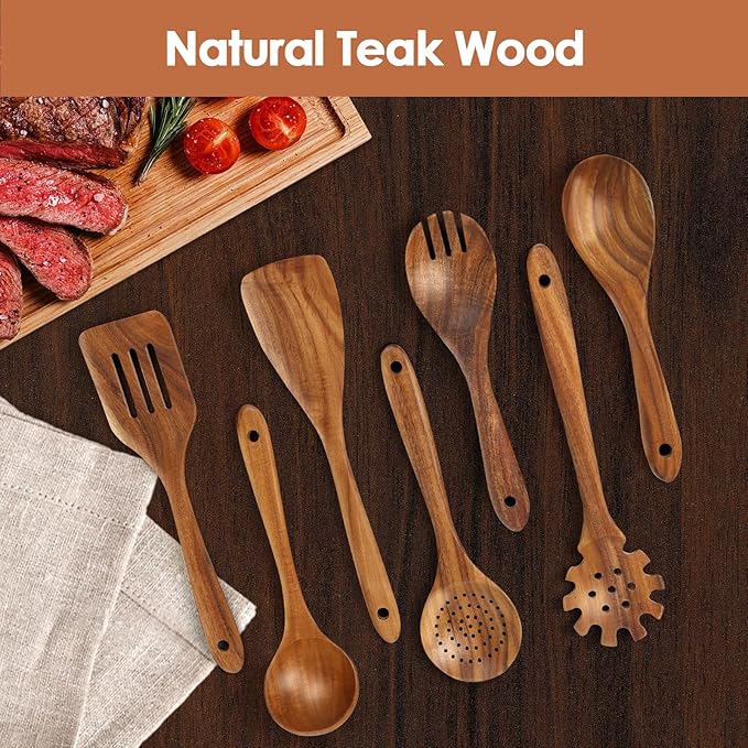 comfoyar Wooden Kitchen Cooking Utenails Set, 7 Pieces Natural Teak Wooden Spoons for Cooking with Spatula and Ladle, Heat Resistant Kitchen Cookware for Nonstick Pan - Image 3