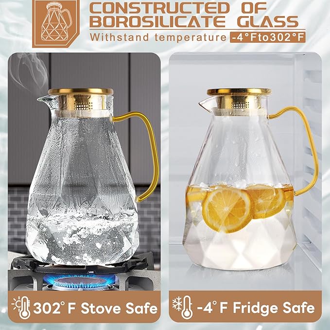 Yirilan 2.8 Liter Glass Pitcher with Lid, Transparent, Thermal Shock Resistant, Microwave Safe, Natural, 2.8L, Round, 6x12 Inches - Image 3