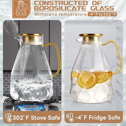 Yirilan 2.8 Liter Glass Pitcher with Lid, Transparent, Thermal Shock Resistant, Microwave Safe, Natural, 2.8L, Round, 6x12 Inches - Image 3