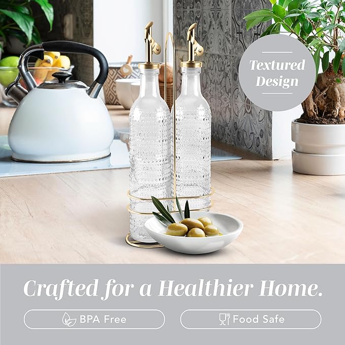 COOK WITH COLOR Glass Olive Oil Bottle Dispenser - 2 Pack- 17oz Oil and Vinegar Cruet - Olive Oil Carafe Decanter for Kitchen, Champagne Bubbles, Clear - Image 4