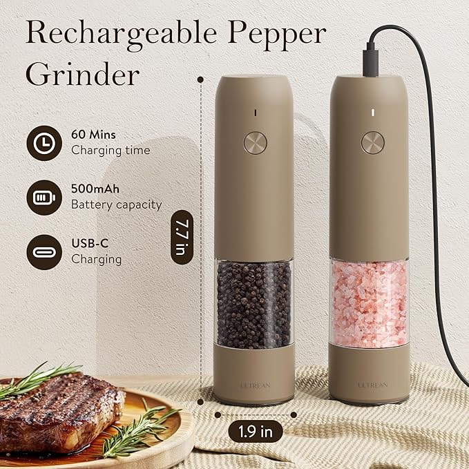 Ultrean Pepper Grinder, Rechargeable Salt and Pepper Grinder Set with 6 Adjustable Coarseness, LED Light, Electric Pepper Mill, Essentials for New Home Housewarming, Brown - Image 4