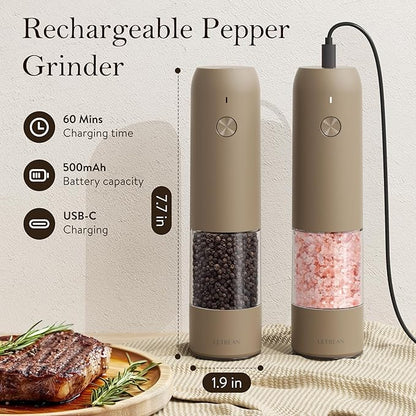 Ultrean Pepper Grinder, Rechargeable Salt and Pepper Grinder Set with 6 Adjustable Coarseness, LED Light, Electric Pepper Mill, Essentials for New Home Housewarming, Brown - Image 4
