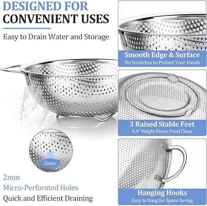 TeamFar Colander Set of 3, Stainless Steel Perforated Metal Colander Strainer with Handles for Spaghetti, Pasta, Berry, Rust Free & Dishwasher Safe - 1/3/5-quart