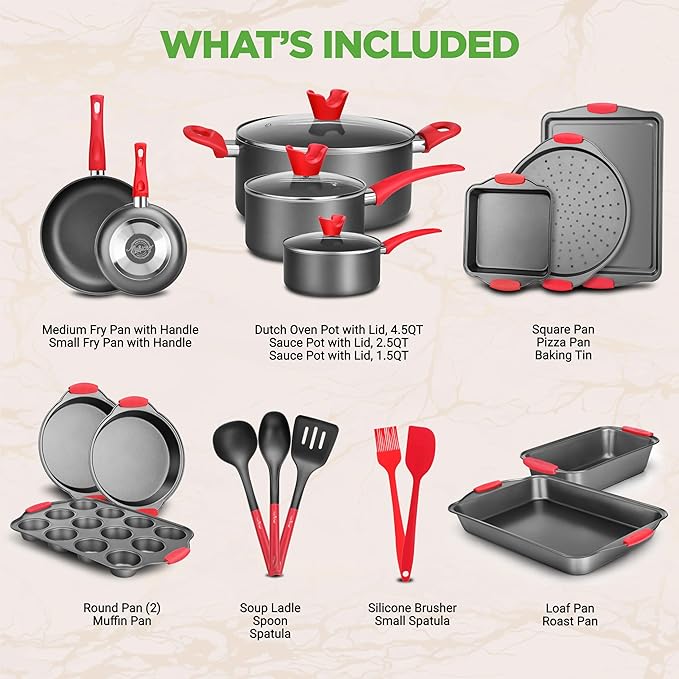 NutriChef 21-Piece Nonstick Cookware Set - PTFE/PFOA/PFOS Free Heat Resistant Lacquer Kitchen Ware Pots Pan w/ Cool-Touch Handles, Saucepan, Fry Pans, Lid, Bakeware, For Gas Electric Ceramic Cooktops - Image 2