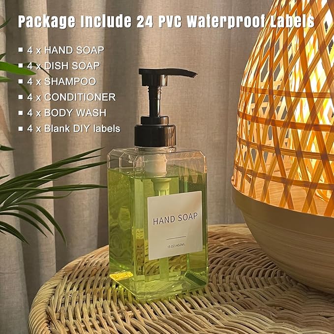 Clear Soap Dispenser with Waterproof Labels, Thickened Plastic Hand Soap Dispenser for Bathroom, Kitchen Dish Washing Liquid Bottles, Shampoo and Conditioner Bottles with Funnel (15oz 4Pack Clear) - Image 3