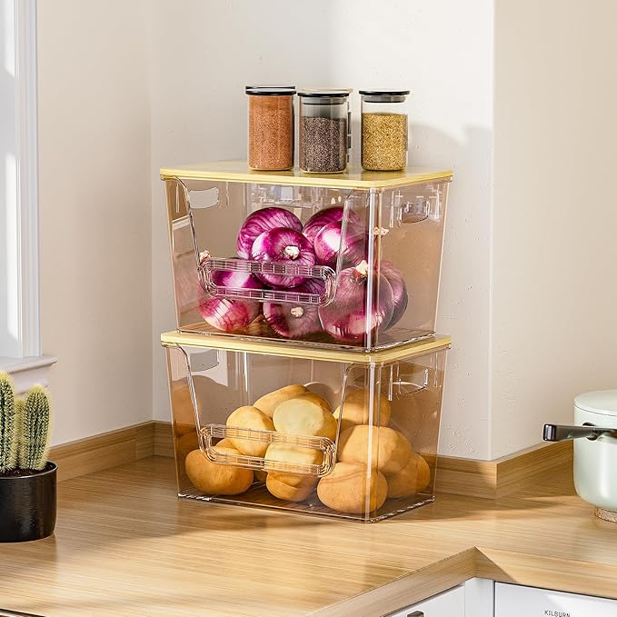 Delamu 2 Set Pantry Organizers and Storage,Trash Bag Dispenser with Bamboo Top,Stackable Trash Bag Dispenser Under Sink Organizer for 4-30 GalBags,Onion,Potato,Fruits,Amber(11-7/32"L*7" W*7-1/8"H) - Image 2