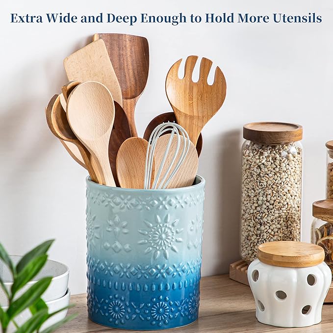 LOVECASA Extra Large Kitchen Utensil Holder, 7.2" Ceramic Farmhouse Utensil Holder For Kitchen Décor Countertop With Heavy And Sturdy Base, Utensil Crock Organizer, Blue - Image 3