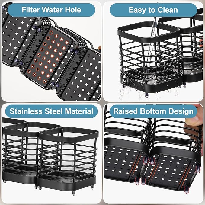 Utensil Holder, Stainless Steel Utensil Drying Rack for Kitchen Counter, Silverware Cutlery Flatware Holder Forks, Knives, Spoons, Chopsticks Organizer (Black) - Image 3