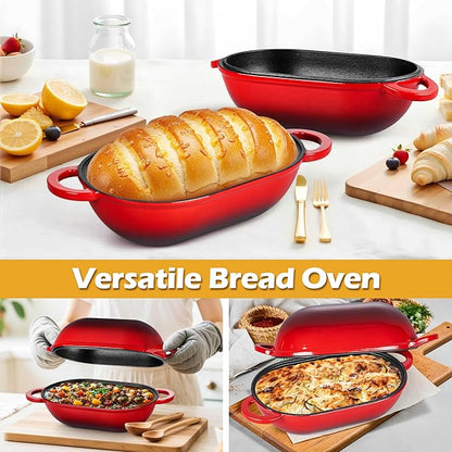 Homikit Enameled Cast Iron Dutch Oven for Bread Baking, 2.8 QT Oval Bread Oven Pot with Lid, 9.5 x 5.7 Inch Sourdough Loaf Baking Pan for Homemade Bread, Heavy Duty & Oven Safe, Red