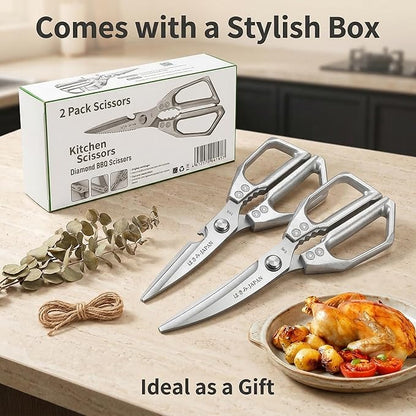 2 heavy-duty food scissors, multifunctional meat scissors, premium ultra sharp Japanese stainless steel poultry kitchen scissors, dishwasher safety, gifts