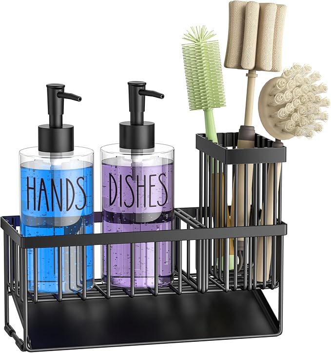 MASADI Kitchen Sink Caddy with Dish Soap Dispenser Set, 12OZ Glass Bottle, Hand and Dish Soap Dispenser Set, Non-Slip Silicone Pad, Brush Holder, Kitchen Sink Organizer Countertop (Black+Clear) - Image 8