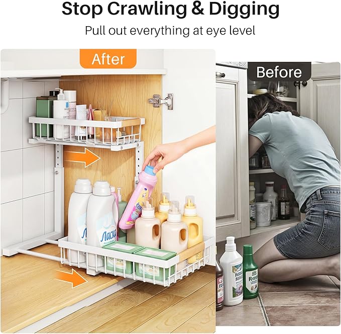PXRACK Under Sink Organizer, Adjustable Height, 2 Tier Pull Out Under Cabinet Organizer, Slide Out Thickened Metal Under Sink Storage for Kitchen Bathroom Laundry Pantry Cabinet, White, Large-1-Pack - Image 4