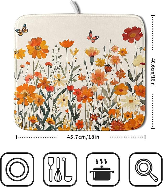 Fall Orange Wildflower Dish Drying Mat for Kitchen Counter,Autumn Floral Butterflies Drying Mat 16 x 18 Inch with Absorbent Reversible Microfiber Dish Drying Pad Dish Pad for Coffee Bar - Image 2