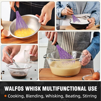 Walfos Whisk, Silicone Whisks Set of 5, Mini Stainless Steel Whisk 7+5in & Non Scratch Coated 7+9+11in Whisks, Suitable for Blending, Whisking, Beating, Frothing & Stirring. (Purple) - Image 4