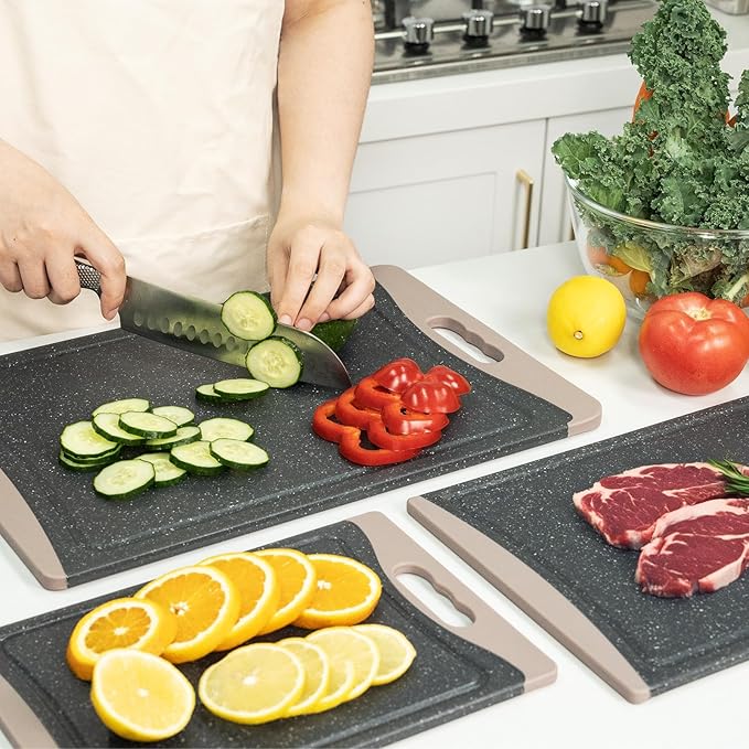 Extra Large Cutting Boards, Plastic Cutting Boards for Kitchen (Set of 3) Cutting Board Set Dishwasher Chopping Board with Juice Grooves Easy-Grip Handles, Almond Gray, Empune - Image 7