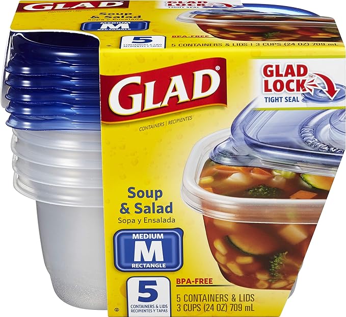 Glad GladWare Medium Rectangle Food Storage Containers with Lids, BPA Free Plastic for Soups Salads and Meal Prep, Airtight Leak Resistant, Microwave Dishwasher Freezer Safe, 24 Oz, 5 Count - 6 Pack - Image 2