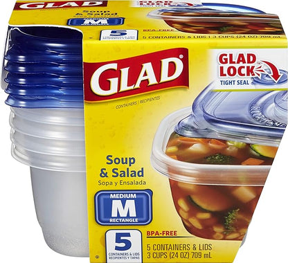 Glad GladWare Medium Rectangle Food Storage Containers with Lids, BPA Free Plastic for Soups Salads and Meal Prep, Airtight Leak Resistant, Microwave Dishwasher Freezer Safe, 24 Oz, 5 Count - 6 Pack - Image 2