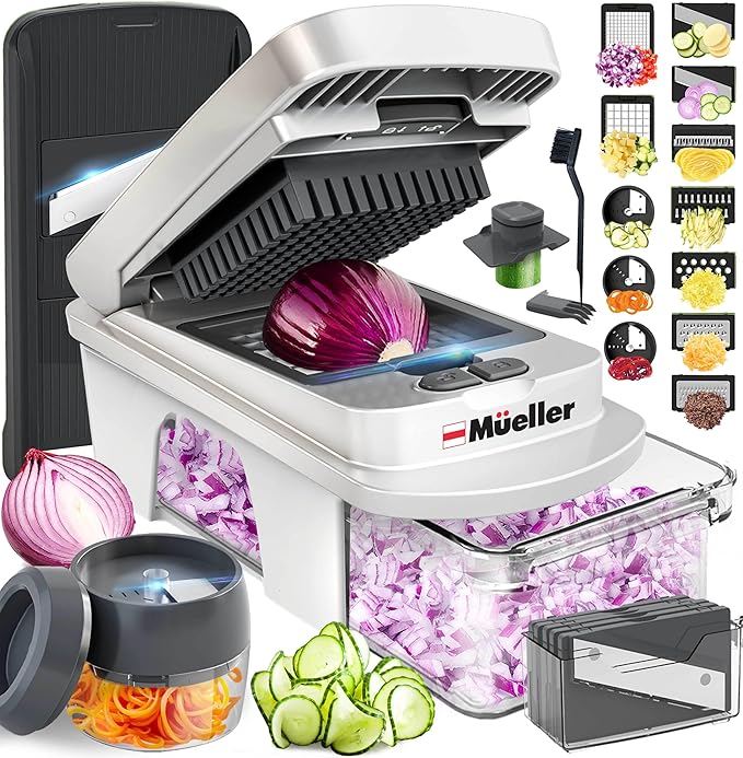 Mueller Pro-Series All-in-One, 12 Blade Mandoline Slicer for Kitchen, Food Chopper, Vegetable Slicer and Spiralizer, Cutter, Dicer, Grater, Kitchen Gadgets Sets with Container, White Sand/Gray by Mueller