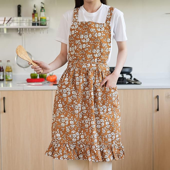 Pinknoke Vintage Pinafore Apron Dress for Women with Pockets Cute Floral Chef Aprons for Kitchen Cooking Baking Gardening - Image 5