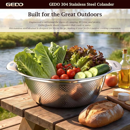 GEDO 304 Stainless Steel Colander Set, 3 Pack Kitchen Food Strainer with Handles, Nestable Metal Colanders for Washing Vegetables Fruits, Draining Pasta, Rinsing Rice, Dishwasher Safe Sink Strainer